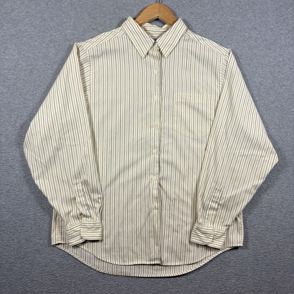 Vintage 80s LL Bean Oxford Pinstripe Button Down Shirt Mens L Yellow Blue USA